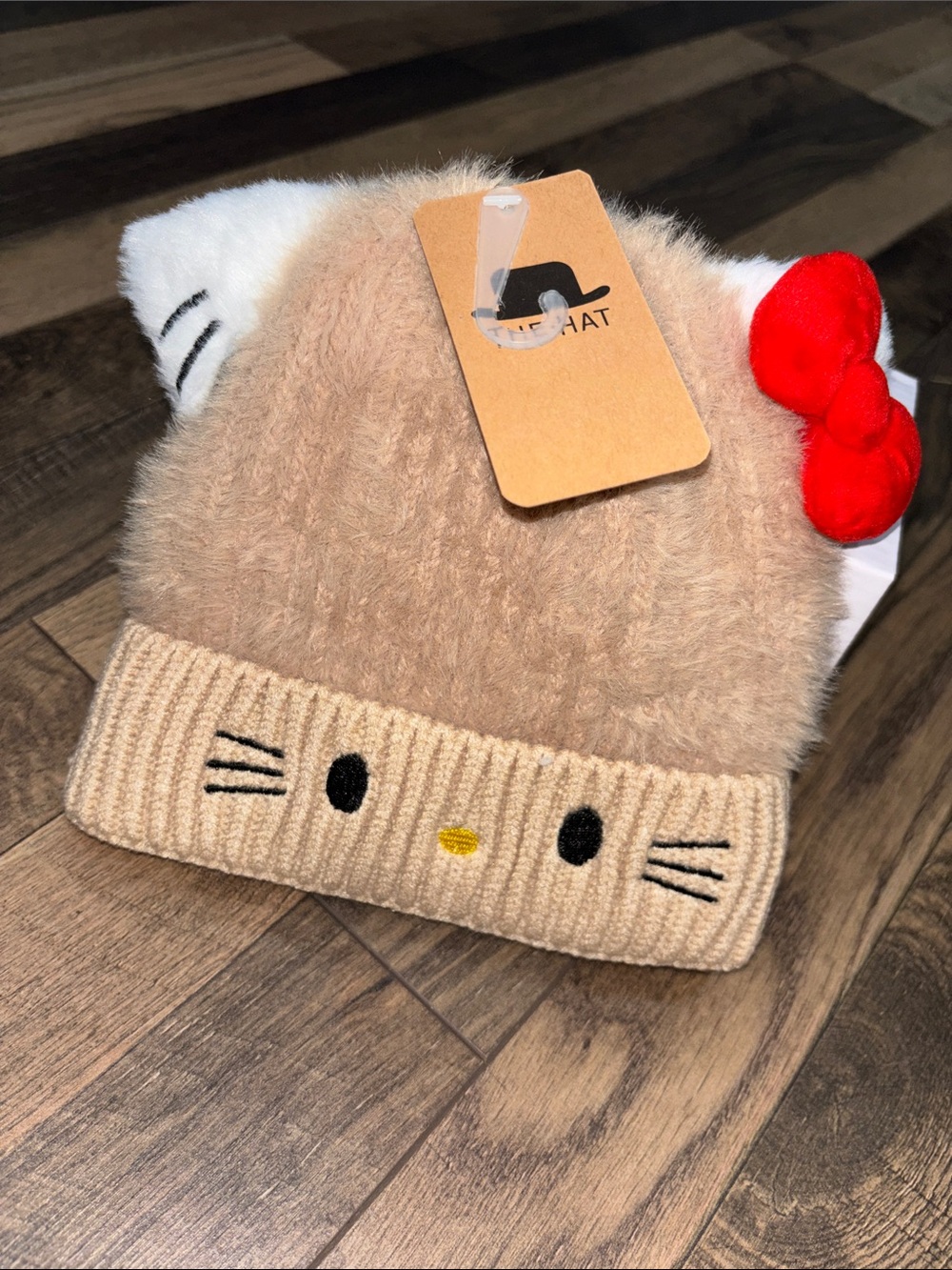 Hello Kitty Style Kids Beige Fuzzy Beanie with Red Bow